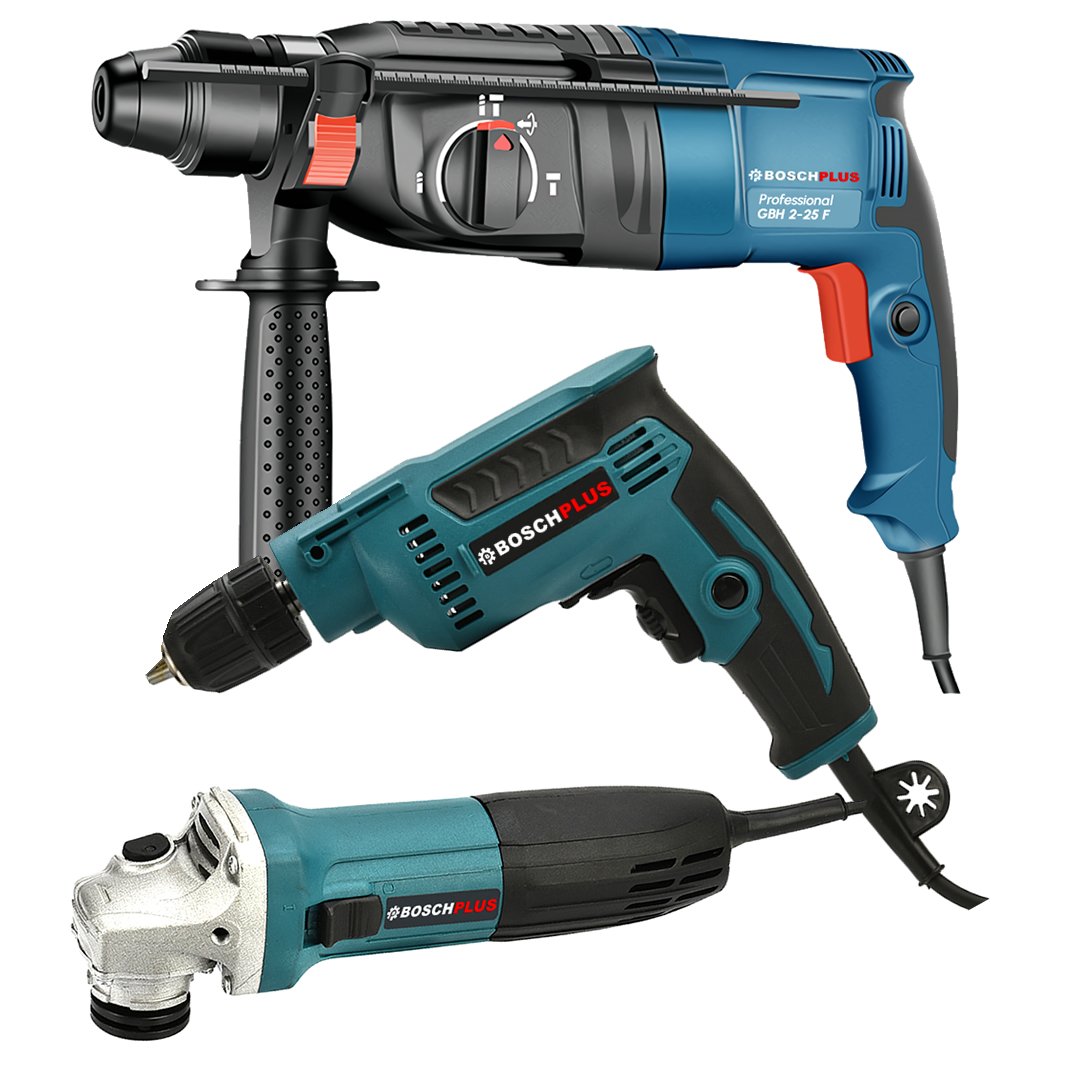 BoschPlus BP004 Elektrikli 3 lü Grup Set 10mm Vidalama + Gbh 2-28f Pnömatik Kırıcı Delici + 125 Avuç Taşlama