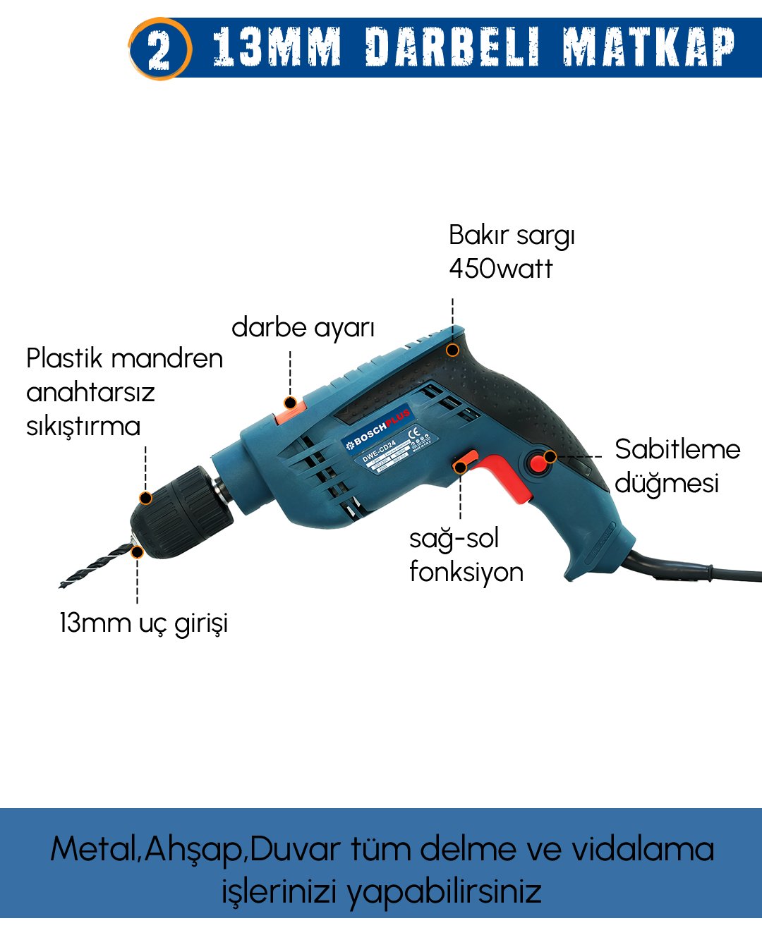 Bosch Plus BP005 Elektrikli 3 lü Set  13mm darbeli matkap özellikler