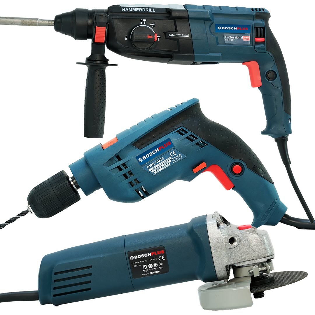 BoschPlus BP005 Elektrikli 3 lü Set 13mm Darbeli Vidalama + Kırıcı Delici Matkap + 125 mm Avuç Taşlama