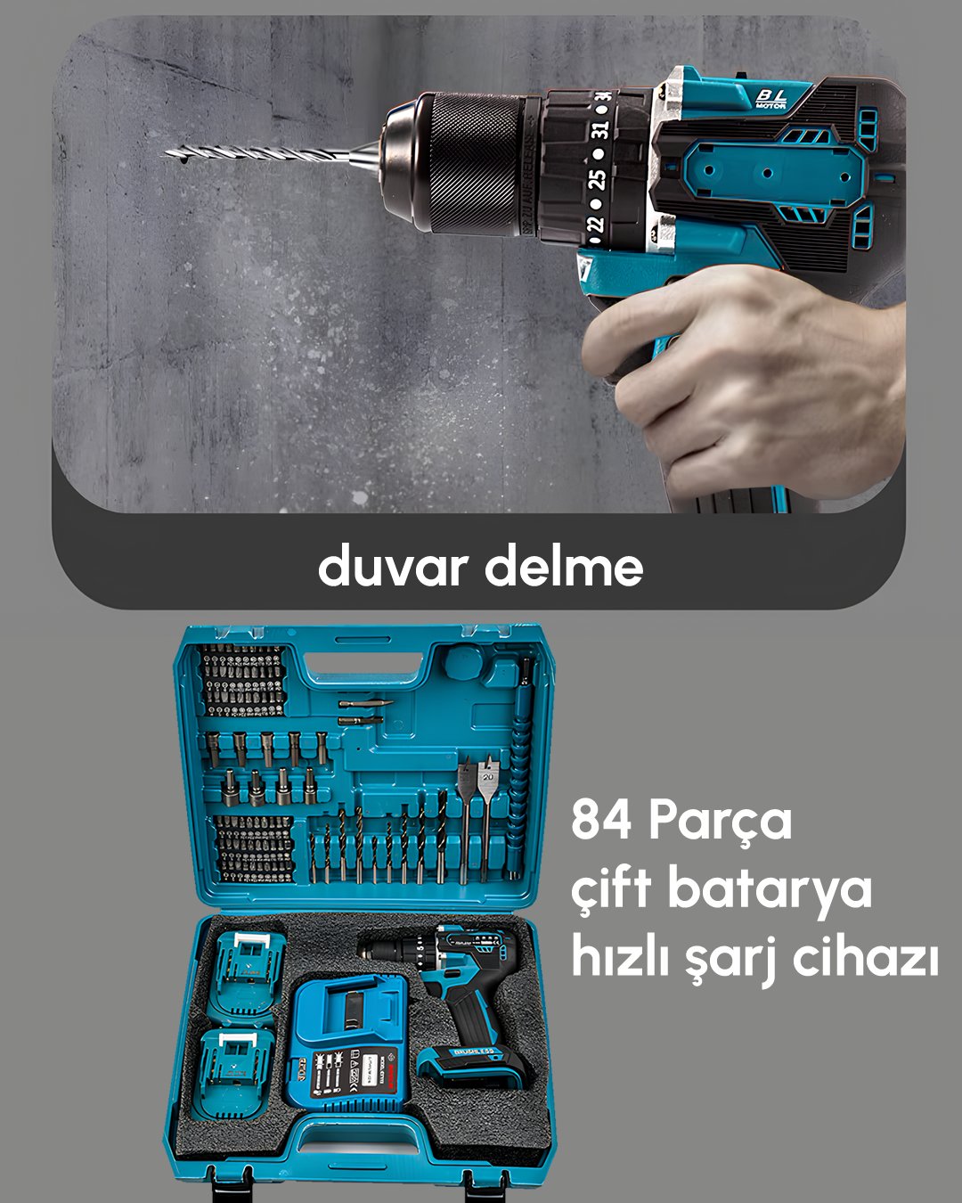 Bosch Plus BP006 Kömürsüz 58vf 5ah Çelik Gövde Çelik Şanzıman Bakır Sargılı 5 Pilli Çift Akülü Vidalama Şarjlı Matkap 84 Parça çantası