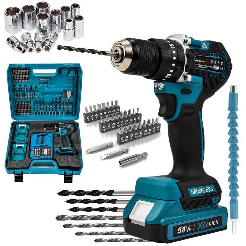 BoschPlus BP006 Kömürsüz 58vf 5ah Çelik Gövde Çelik Şanzıman Bakır Sargılı 5 Pilli Çift Akülü Vidalama Şarjlı Matkap 84 Parça