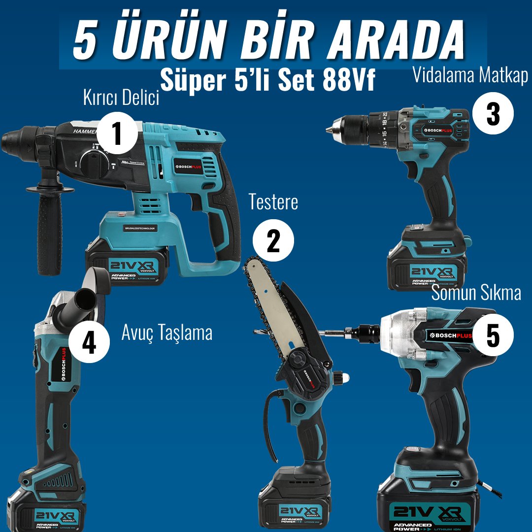 Bosch Plus BP008 Akülü Süper 5li Set Makina 88vf 5ah 125mm Avuç Taşlama, Sds Plus Kırıcı Delici Hilti, Somun Sıkma Sökme, Vidalama Matkap, Budama Testere