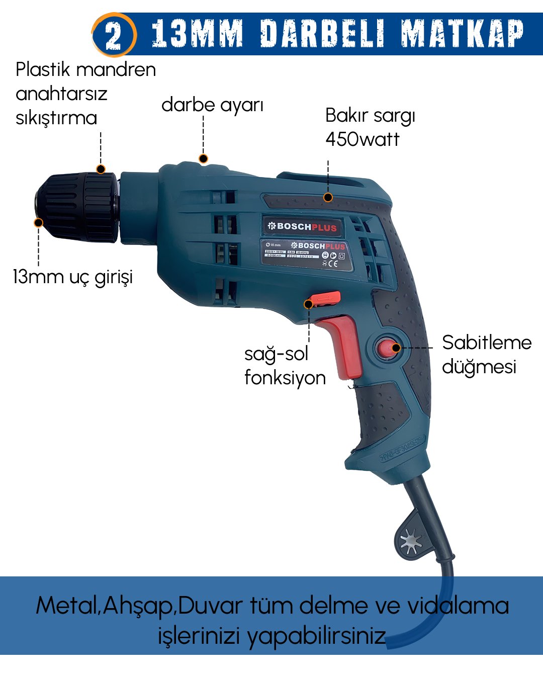 BoschPlus BP010 Elektrikli 4 lü Makine Seti 13mm Darbeli Vidalama Matkap özellikleri