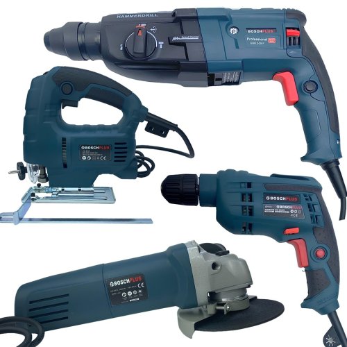 BoschPlus BP010 Elektrikli 4 lü Makine Seti Kırıcı Delici, 13mm Darbeli Vidalama Matkap, 125mm Avuç Taşlama, Dekupaj Testere