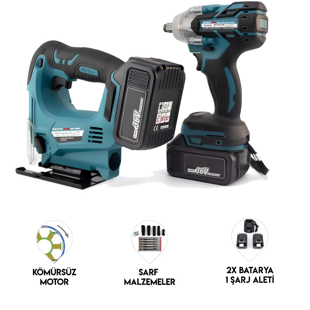 BoschPlus BP014 Akülü Kömürsüz 2li Set Ayarlanabilir Dekupaj Testere ve 350Nm Somun Sıkma Sökme 36V 5ah (Mavi) özellikler