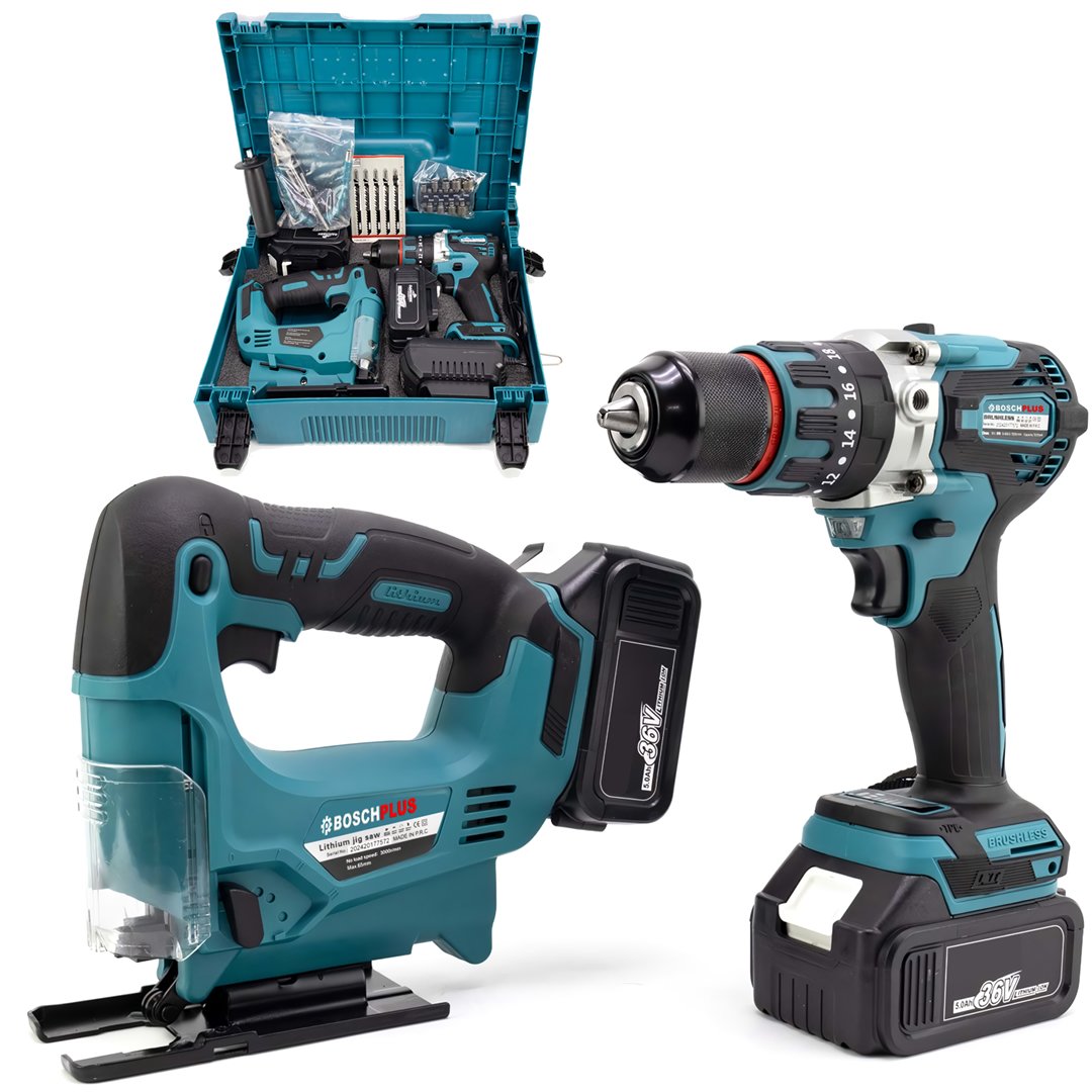 BoschPlus BP014 Akülü Kömürsüz Motor 2li Set Ayarlanabilir Dekupaj Testere ve Çelik Mandren Vidalama Matkap 36V 5ah (Mavi)