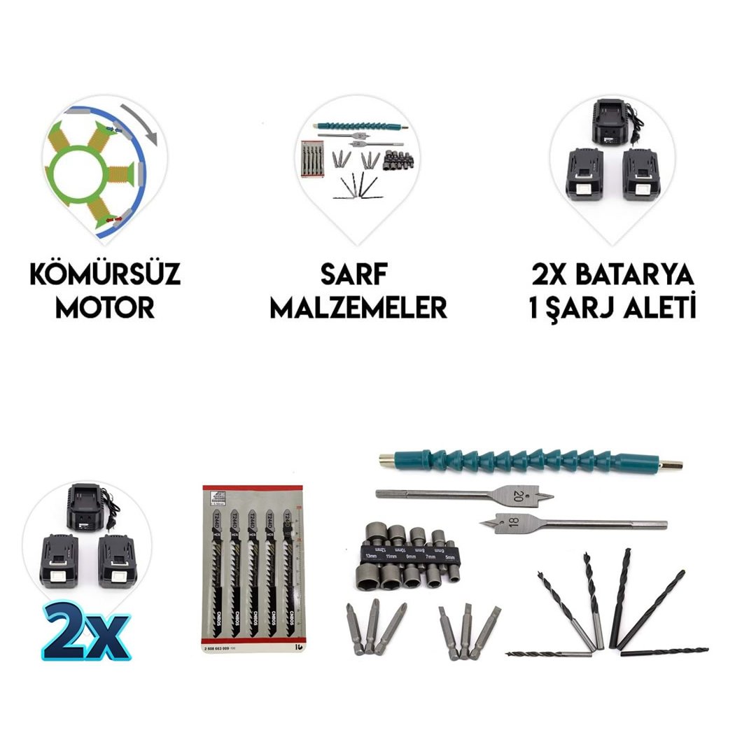 BoschPlus BP014 Akülü Kömürsüz Motor 2li Set Ayarlanabilir Dekupaj Testere ve Çelik Mandren Vidalama Matkap 36V 5ah (Mavi) özellikler