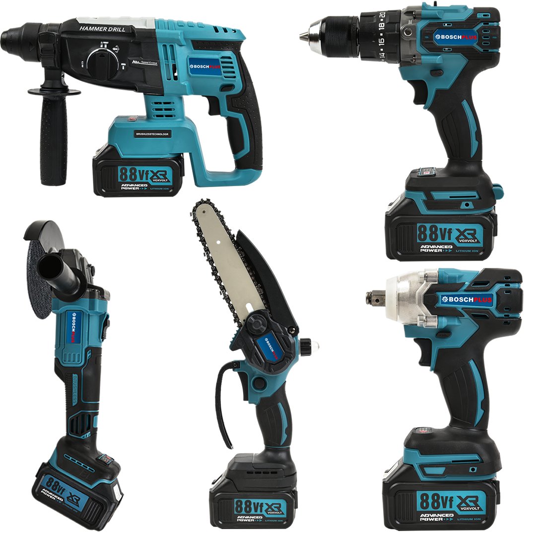 BoschPlus BP015 Akülü 6 lı Grup Set ( 5li Makina Seti Avuç Taşlama,Kırıcı Delici,Somun Sıkma Sökme,Vidalama,Budama Testere + 58Vf  Akülü Kömürsüz Araç Yıkama Seti )