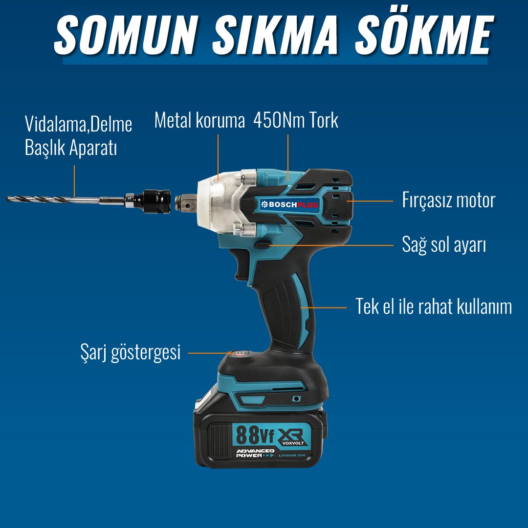 Bosch Plus BP015 Akülü Süper 5li Set Makina 88vf 5ah somun sıkma özellikleri