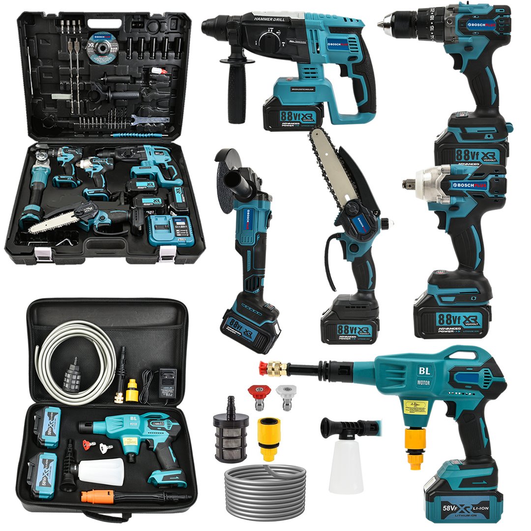 BoschPlus BP015 Akülü 6 lı Grup Set ( 5li Makina Seti Avuç Taşlama,Kırıcı Delici,Somun Sıkma Sökme,Vidalama,Budama Testere + 58Vf  Akülü Kömürsüz Araç Yıkama Seti )