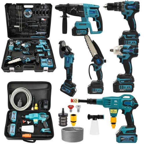 BoschPlus BP015 Akülü 6 lı Grup Set ( 5li Makina Seti Avuç Taşlama,Kırıcı Delici,Somun Sıkma Sökme,Vidalama,Budama Testere + 58Vf  Akülü Kömürsüz Araç Yıkama Seti )