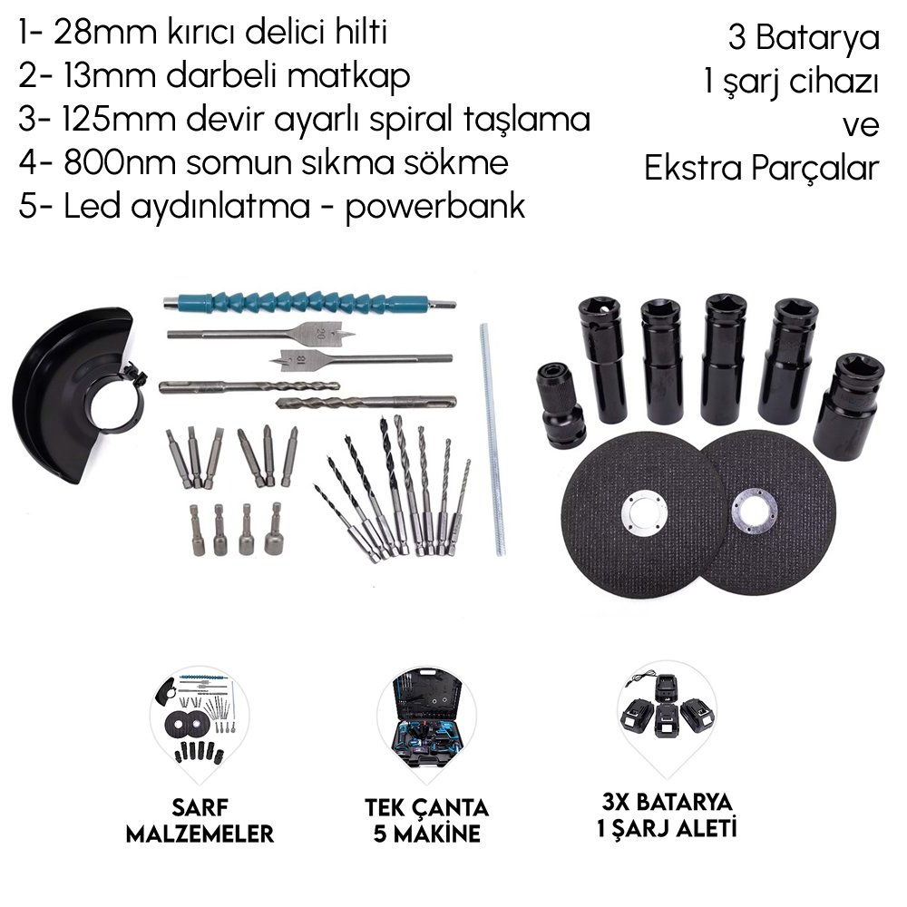 BoschPlus bp018 Akülü Kömürsüz 5li Set Makine (800Nm Somun Sökme, Kırıcı Delici , 13mm Darbeli Vidalama, 125mm Avuç Taşlama, Powerbank ve Led) 88Vf 10P modelleri