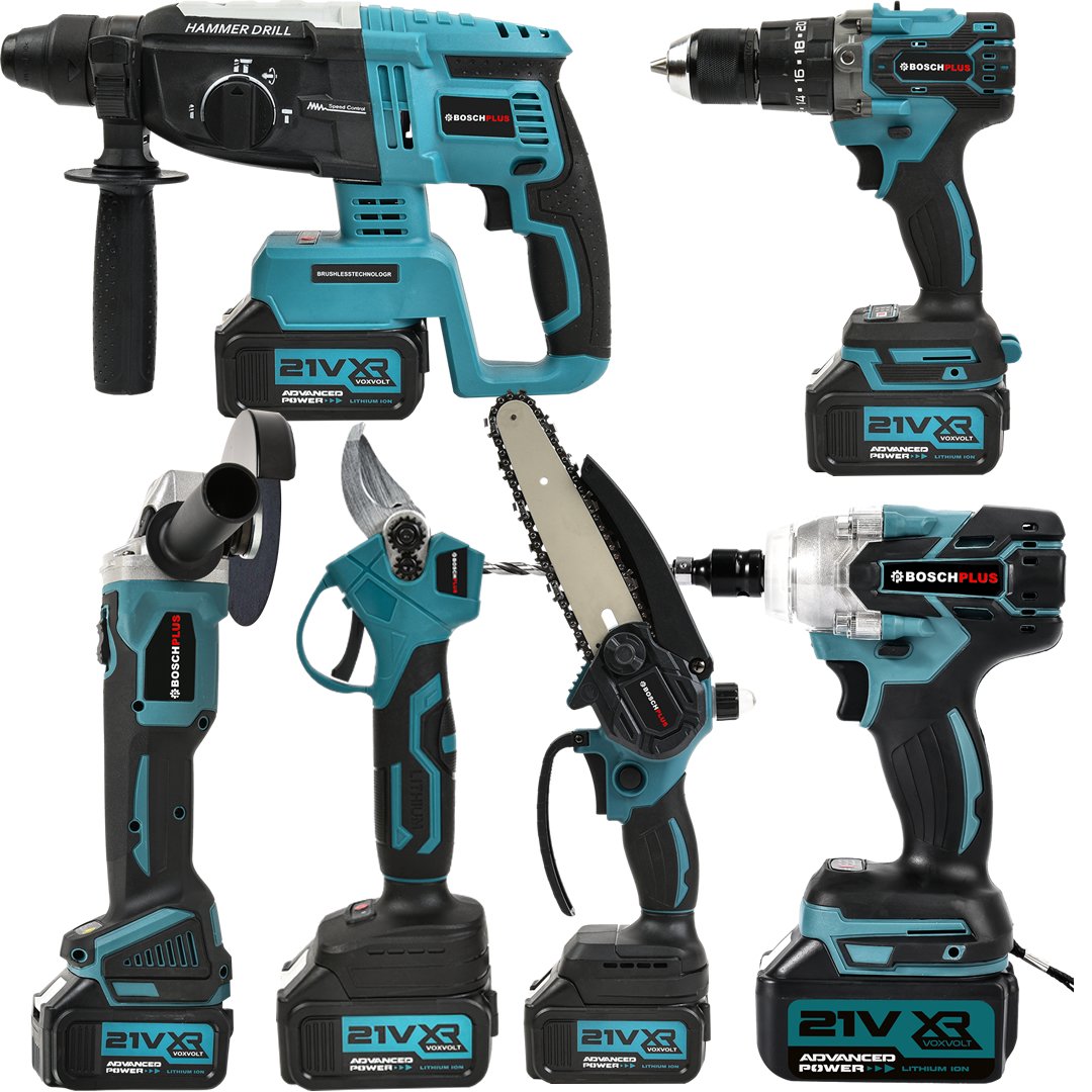 BoschPlus BP022 Akülü Süper 6lı Set Makina 88vf 5ah 125mm Avuç Taşlama, Sds Plus Kırıcı Delic, Somun Sıkma Sökme, Vidalama Matkap, Budama Testere, Budama Makası