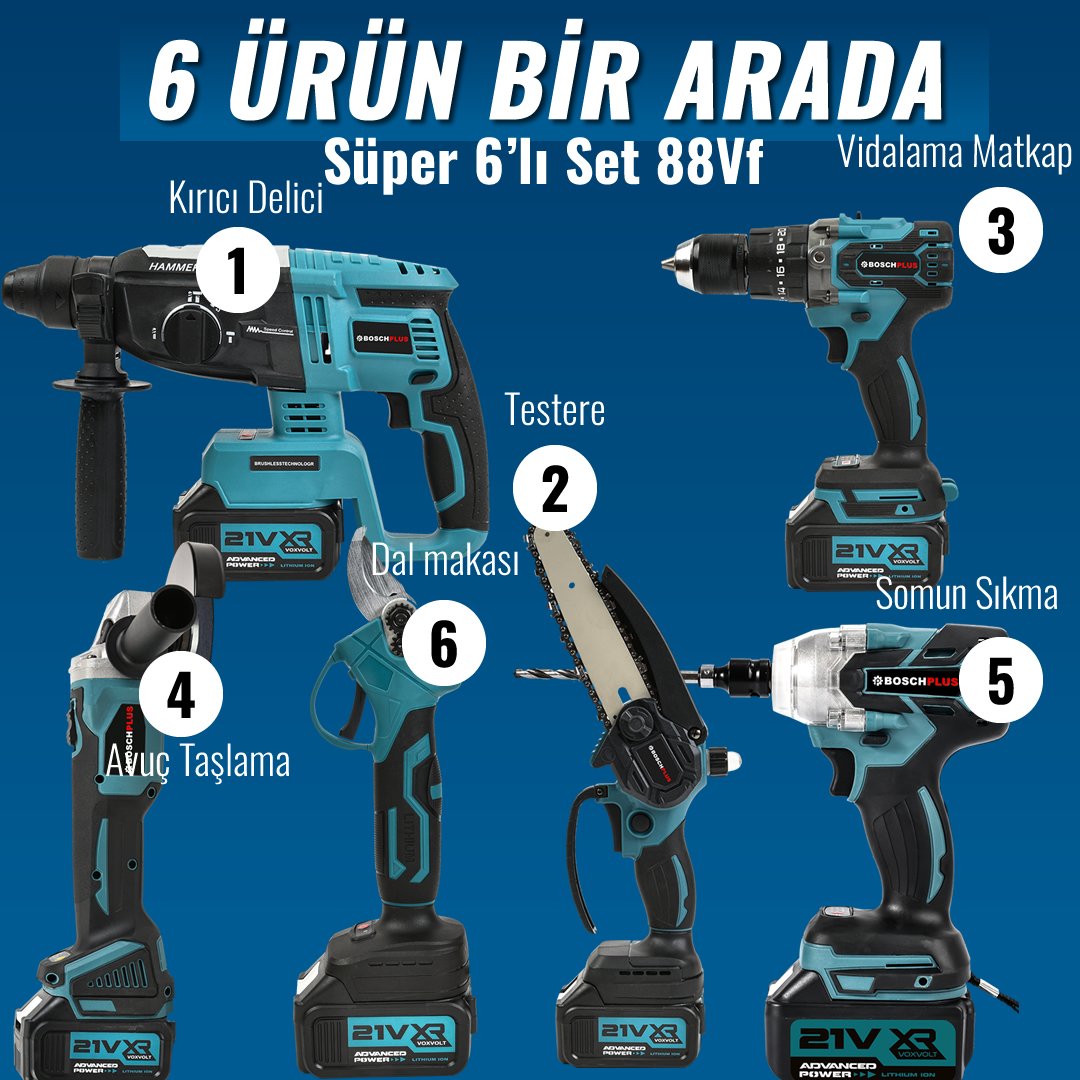 BoschPlus Akülü Süper 6li Set Makina 88vf 5ah 125mm Avuç Taşlama, Sds Plus Kırıcı Delic, Somun Sıkma Sökme, Vidalama Matkap, Budama Testere, Budama Makası model ve fiyatlar