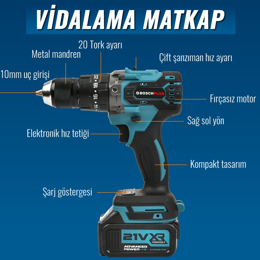 BoschPlus  Akülü Süper 6li Set Makina 88vf 5ah vidalama matkap özellikleri