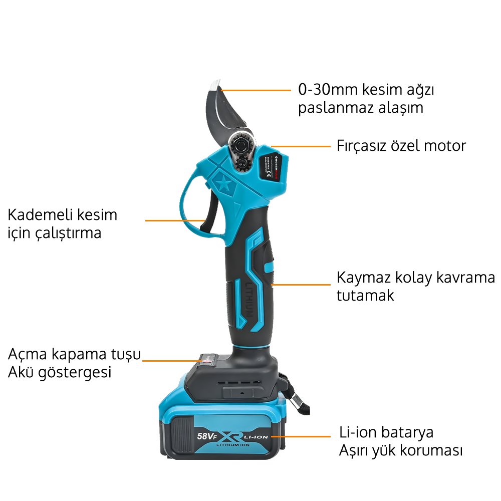 BoschPlus bp023 Akülü Teleskopik Kollu 2li Bahçe Seti + Ot,Çim Biçme Makinesi 58Vf (Mavi) budama makası özellikleri