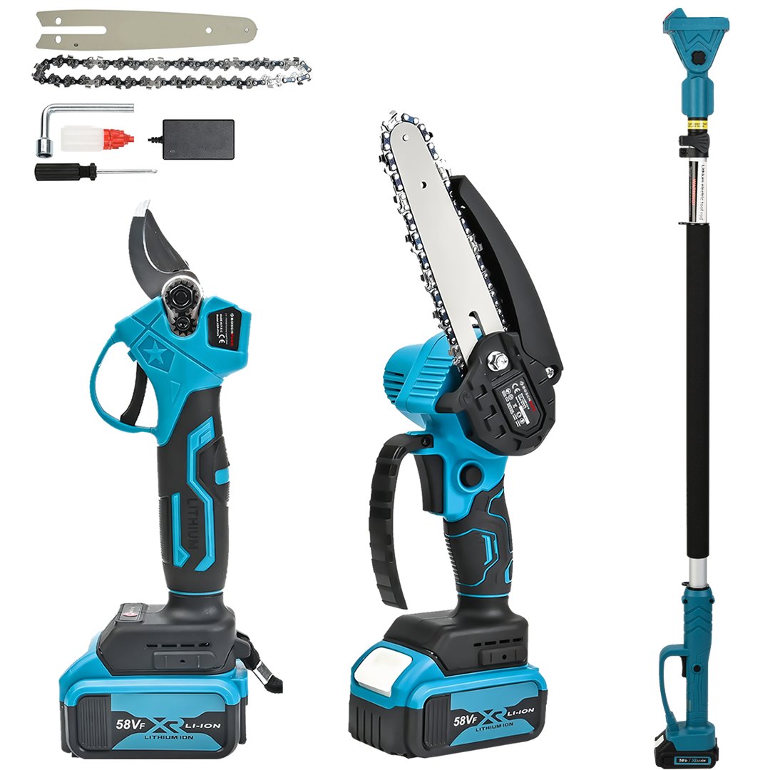 BoschPlus bp023 Akülü Teleskopik Kollu 2li Bahçe Seti + Ot,Çim Biçme Makinesi 58Vf (Mavi)