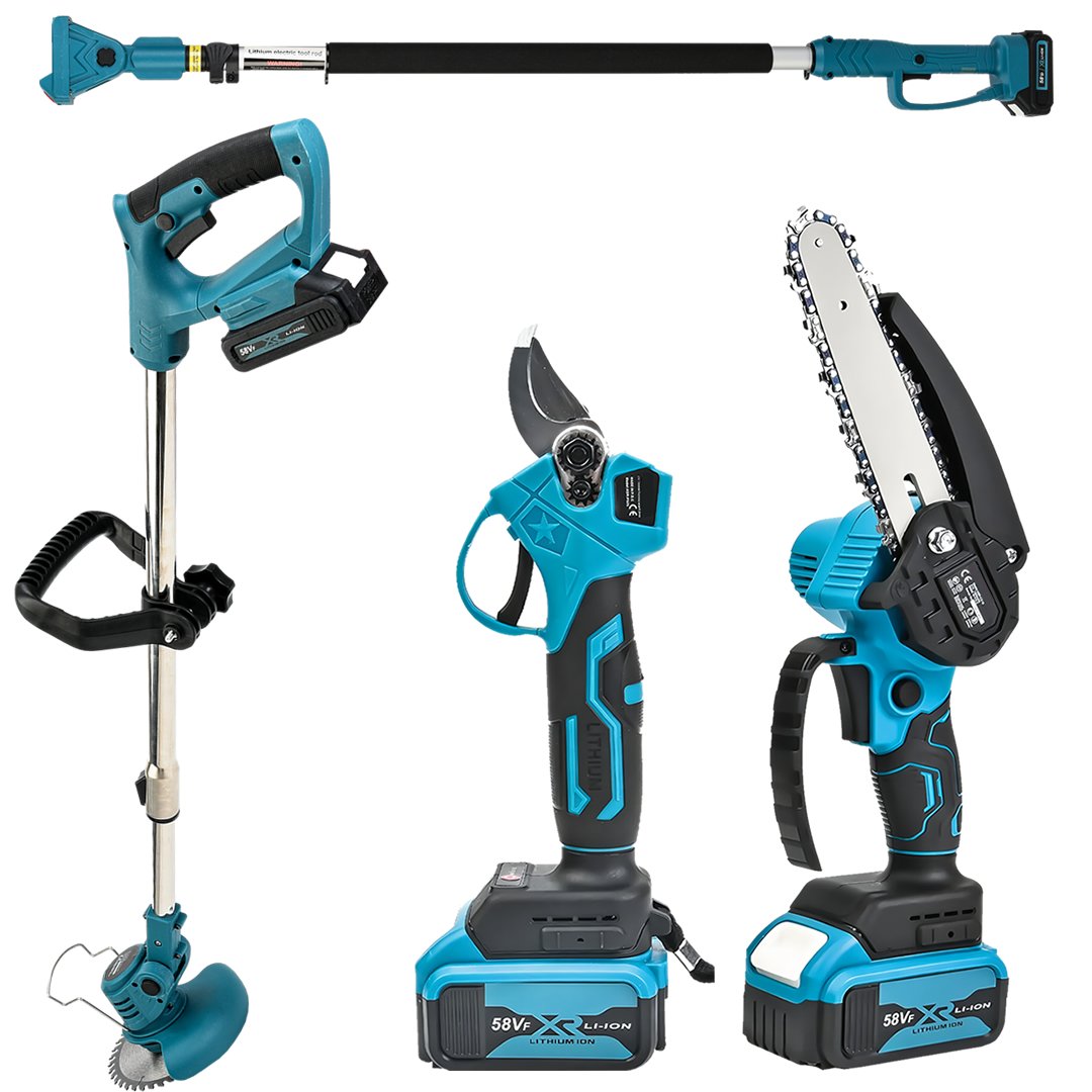 BoschPlus BP023 Akülü Teleskopik 4lü Set Dal Budama Makası, Dal Budama Testeresi,  Ot Biçme ve Teleskopik Uzatma Kolu 58Vf (Mavi)