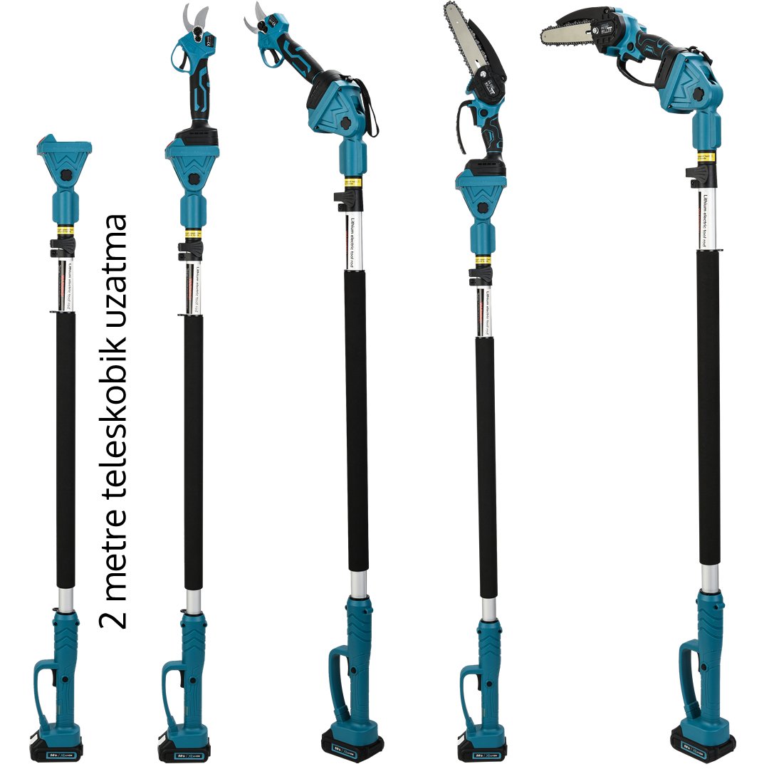 BoschPlus bp023 Akülü Teleskopik Kollu 2li Bahçe Seti + Ot,Çim Biçme Makinesi 58Vf (Mavi) teleskopik uzatma kolu